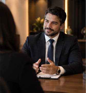 Advogado em reunião de consultoria jurídica com cliente