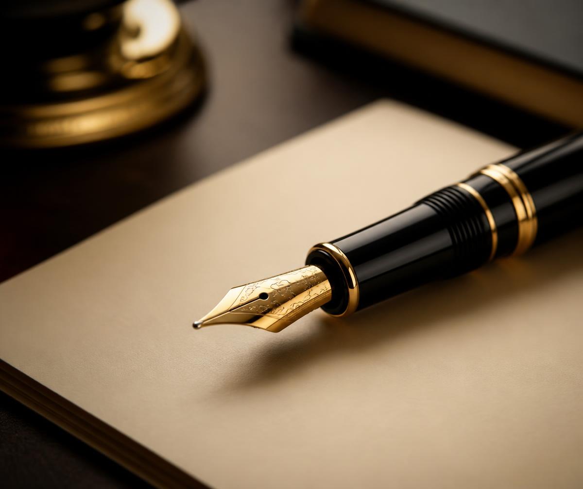 Caneta tinteiro sobre documento em mesa de escritório